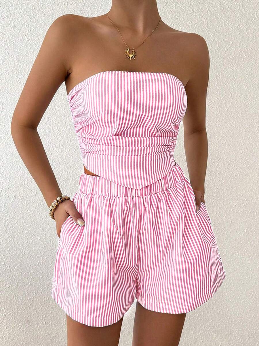 Breezaya Women Striped Ruched Asymmetrical Hem Top And Shorts 2 Pieces Set - Pink - View 1