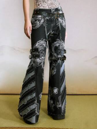 J-Fashion Jeans a vita bassa a zampa con stampa a dragone e cucitura a contrasto di colore, di per le donne