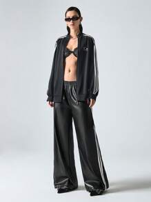 LYSMO Women's Fall Contrast Color Ribbon Striped Leather Sports Trousers Back To School Season Clothing