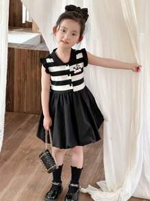 DAZY Girl Young Girl Fall Short Sleeve Dress With Collar Patchwork Graphic Print