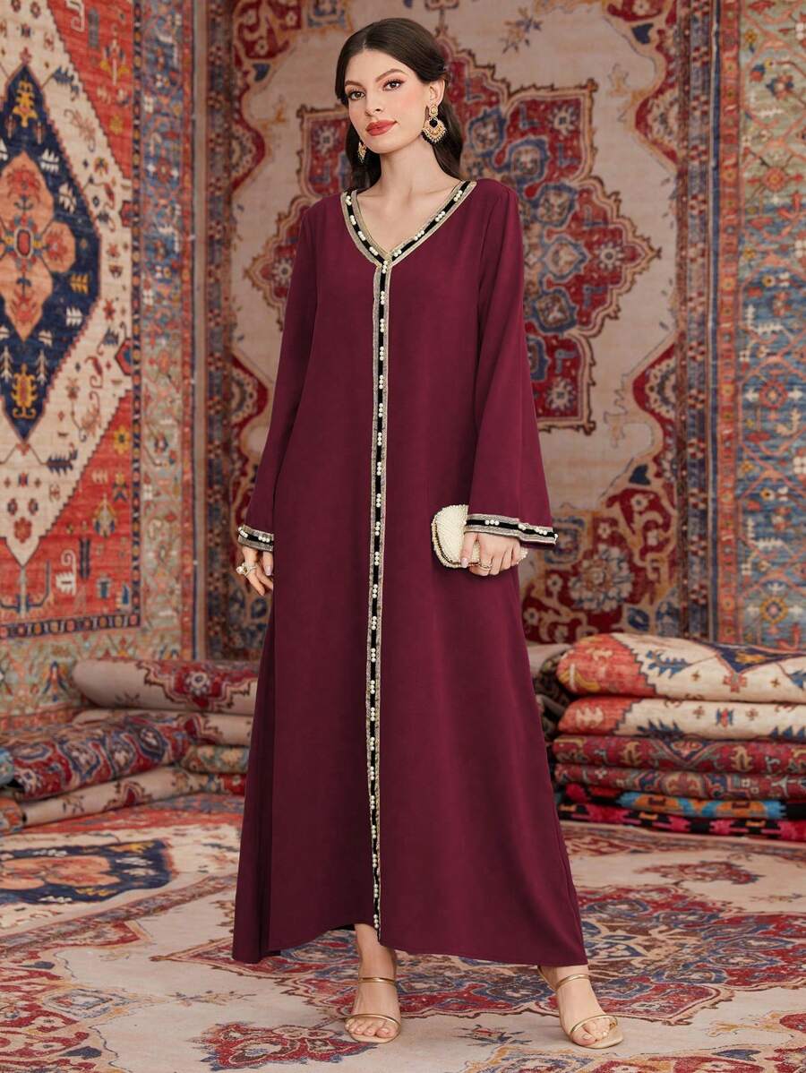 Al Najma 女士珍珠装饰阿拉伯风格连衣裙,端庄 - 酒紅色 - 查看 1