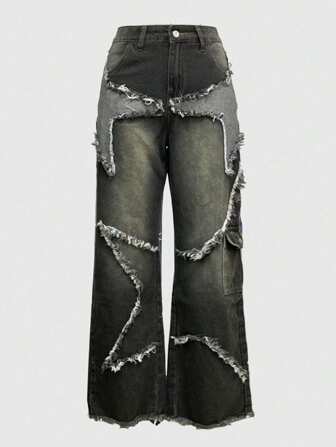 Fairycore Pantalones vaqueros casuales con bolsillos delanteros, botones y flecos en el bajo para mujeres