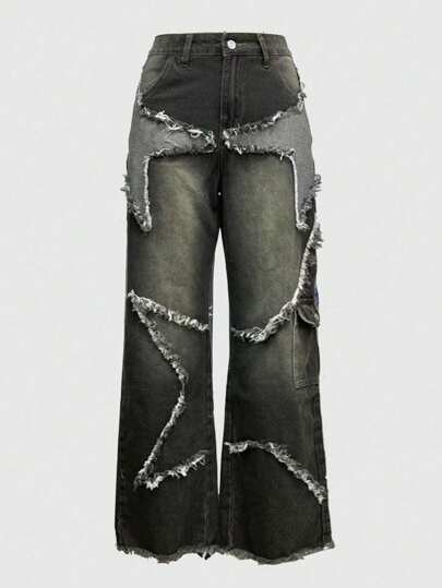 Fairycore Women Front Button Pocket Casual Fringe Hem Denim Pants