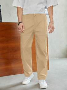 Mainfolk Men's Casual Plain Cargo Pants - Khaki - View 5