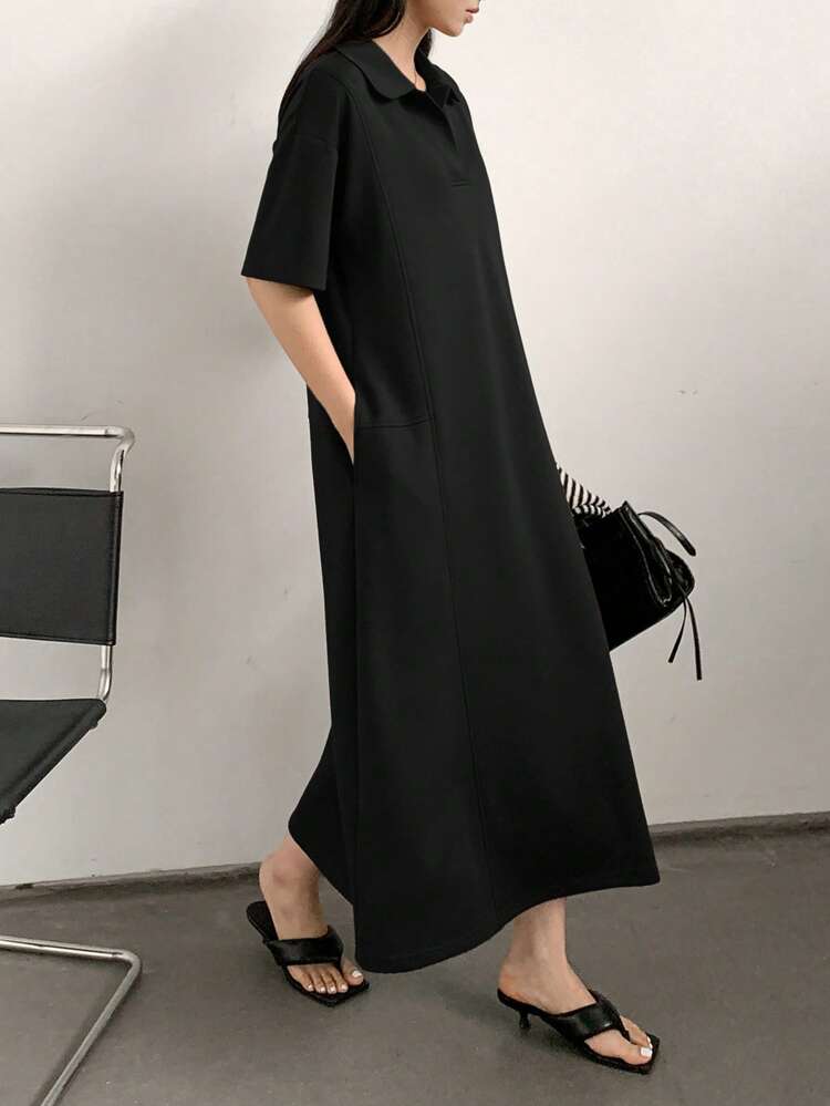 Business Casual Straight Loose Splice Turn-Down Collar Mid-Length Dress For Women Summer Old Money Style Sundress Shirt Dress, Teacher Outfits Dress