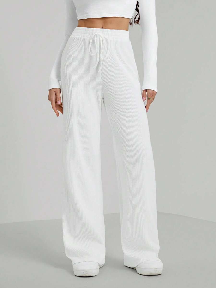 SHEIN Tall Ribbed Knit Knot Front Wide Leg Pants - White - View 1