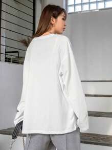 DAZY Solid Drop Shoulder Split Hem Tee,Fall Clothes Long Sleeve Women Tops - White - View 2