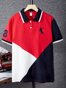 SHEIN Tween Boys' Polo Shirt With Contrast Piecing & Embroidered Letter, Active Short Sleeve - Multicolor - View 1