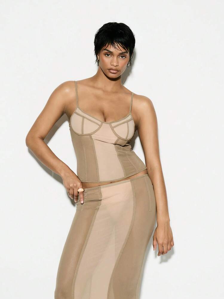 KIZN Women Designer Panelled Mesh Structured Bodycon Corset Bustier Top