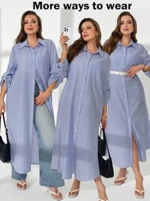 SHEIN Essnce Vestido azul y blanco de manga larga con mangas mixtas para mujeres de talla grande, para el estilo de negocios casuales, elegantes, de primavera, de vacaciones, de festival, de estilo old money, de moda casual para ir al trabajo