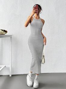 SHEIN EZwear Vestido corto sin mangas de punto a rayas para mujer, negro y blanco