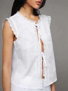 TRNVIE Spring/Summer New White Linen Casual Vacation Blouse For Women, Bow Embroidery French Tie Design With Cap Sleeves - White - View 8