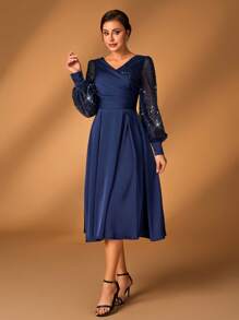 Serin Vestido elegante y lujoso para mujer, de color champagne, con lentejuelas brillantes de satén, mangas farol, cuello cruzado en V, plisado y dobladillo evasé, adecuado para que las madres asistan a bodas, fiestas y eventos de noche