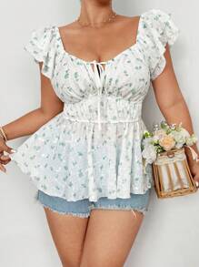 Flirla 大码系带结饰盖袖上衣，碎花图案