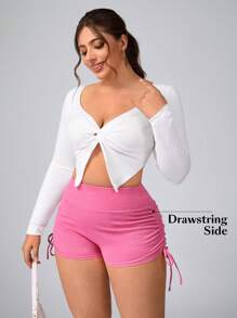 SHEIN Essnce Plus Size Women's Drawstring Side Casual Versatile Denim Shorts Stretchy Knit Denim Apple Bottom Jeans - Pink - View 5