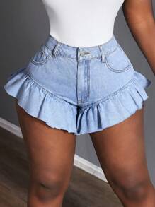 Slaydiva Women's Pocketed Ruffled Hem Fashionable Denim Shorts - Grey - View 5