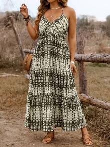 SHEIN Clasi Plus Size Women's Spring/Summer Music Festival Boho Vacation French Casual Holiday Shirred V-Neck Backless Layered Hem A-Line Maxi Strap Dress - Army Green - View 3