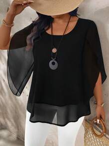 SHEIN LUNE Camicetta elegante in chiffon con maniche a palloncino per taglie forti