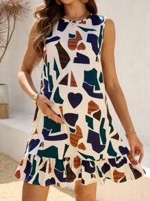 SHEIN Maternity Spring Geometric Print Round Neck Ruffle Hem Sleeveless Dress