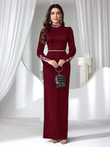 Coutiva 女士长款水钻和人造珍珠装饰优雅正式晚礼服派对礼服、婚礼宾客礼服 - 酒紅色 - 查看 4