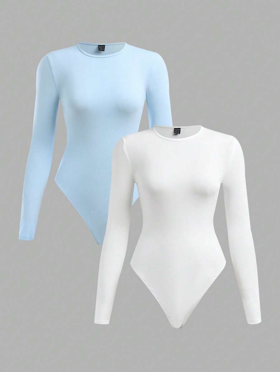 SHEIN BASICS 2pcs Solid Color Knitted Round Neck Long Sleeve Bodysuit For Women, Casual Summer Clothes - Baby Blue - View 1