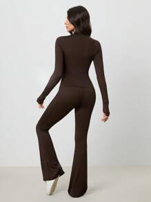SHEIN Tall Women Brown Long Sleeve Top And Fitted Pants 2 Pieces Set - Brown - View 2