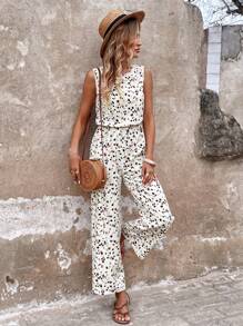 SHEIN LUNE 女士优雅度假豹纹露背无袖连体裤，抽绳腰带，休闲款 - 彩色 - 查看 3