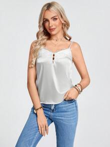 SHEIN LUNE Western Wear Women Country Concert Women's Spaghetti Strap Lace Splice Camisole Top, Ice Blue - Beige - View 4