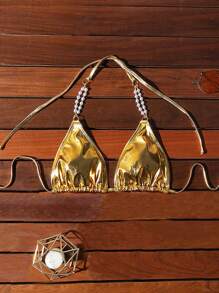 SHEIN Swim SXY Top de bikini halter con escote en la espalda, adorno de perlas y tirantes para mujer, sexy