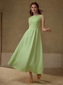 MOTF PREMIUM 对比色凸纹蕾丝连衣裙 - 綠色 - 查看 5