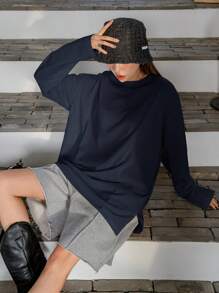 DAZY Split Hem Drop Shoulder Tee,Fall Clothes Long Sleeve Women Tops - Navy Blue - View 3