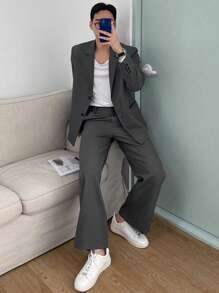 DAZY Men 2 Pieces Solid Grey Suit Set, Spring Business Attire - Grey - View 3