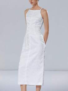 Aveloria Modichic White Feather Jacquard Textured Satin Fabric Women Elegant Romantic Minimalist Luxury Sleeveless Spaghetti Strap Dress, Suitable For Wedding Season