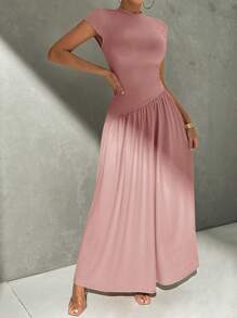 Firerie Elegant Everyday Wear Unconventional Solid Color Short Sleeve Slim Fit Standing Collar Asymmetric A-Line Waist Dress - Pink - View 8