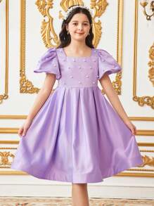 SHEIN Rochie elegantă pentru fete Tween, cu mâneci bufante, cu decolteu pătrat, cu împânzire, în formă de A - Roz fierbinte - Vizualizare 4