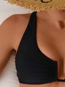 SHEIN Swim 女士两件套沙滩装，夏季新款 U 领带钢圈上衣和高腰比基尼泳裤 - 黑色 - 查看 6