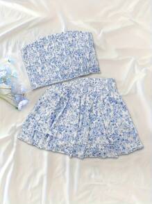 Trelyra Set de 2 piezas con top tubo y falda asimétrica de mujer con estampado floral (corte floral aleatorio)