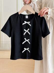 SHEIN Leap Crew Tween Girls Casual Ribbed Knit Solid Color Bow Decor Slit Sleeve Fitted T-Shirt, Black T-Shirt, Back To School, Y2K, Fashion Street, Sweet And Cool Girl - Black - View 2