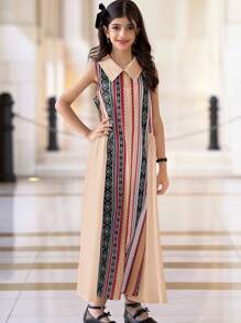 SHEIN Vestito senza maniche da ragazza pre-adolescente, casual ed elegante, con colletto e motivo retrò a colori - Beige - Visualizzare 2