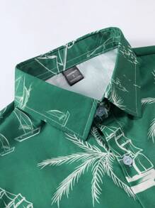 Manfinity RSRT Men's Palm Tree Print Single-Breasted Casual Short Sleeve Shirt - Dark Green - View 3