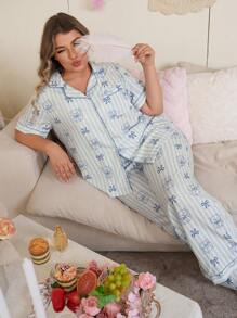 Conjunto de pijama de talla grande con estampado de rayas y moño de gato - Multicolor - Ver 4