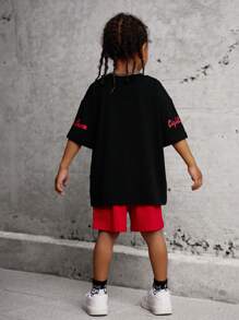 SHEIN 2pcs/Set Young Boy Casual Letter Print Patchwork Round Neck Drop Shoulder Short Sleeve T-Shirt And Shorts Set,Summer New Design For Vacation,School - Multicolor - View 2
