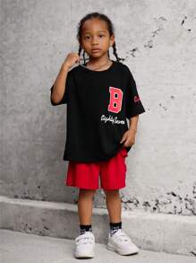 SHEIN 2pcs/Set Young Boy Casual Letter Print Patchwork Round Neck Drop Shoulder Short Sleeve T-Shirt And Shorts Set,Summer New Design For Vacation,School - Multicolor - View 4