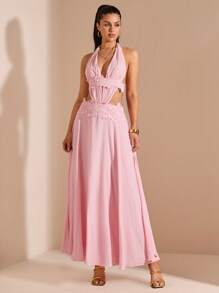 SHEIN BAE Vestido largo de línea A con escote en V profundo y volantes en el bajo, estilo sexy y dulce para vacaciones y resorts, adecuado para damas de honor y galas