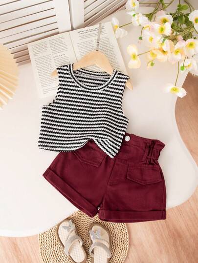 SHEIN 年轻女孩菠萝条纹无袖上衣和荷叶边腰袋装饰酒红色牛仔裤夏季服装