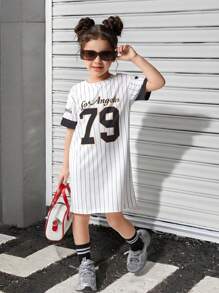 Wildeya Mädchen American Street Style Lässiges Baseball-Team gestreiftes Ziffern-Muster Rundhals Kurzarm Kurzes Kleid