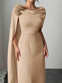 SHEIN Privé Elegant & Romantic Solid Ruffle Detail Long Sleeve Fitted Dress, Lotus Pink - Khaki - View 8