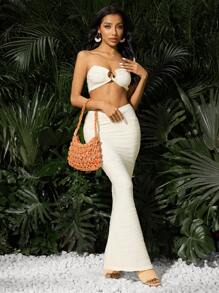 SHEIN SXY 女士单肩包，流浪包，时尚优雅，简约个性，百搭经典钩针包，橙色和金色，镂空，适合海滩、度假、节日、夏季、海边 - 橘色 - 查看 8