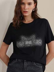 Anewsta Women's Elegant Fitted Butterfly Rhinestone Letter Print Black T-Shirt Top, Casual Festival, Vacation, Spring, Summer - Black - View 3