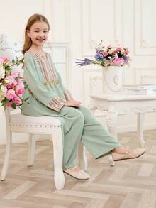 2 件套 Tween 女童薄荷绿简约优雅长袖上衣和休闲长裤套装 - 薄荷綠 - 查看 4